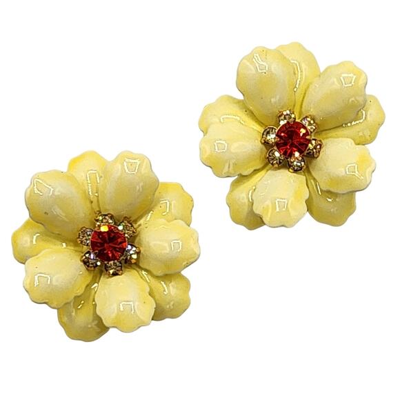 Yellow Enamel Flower Clip Earrings with Orange Rhinestone Centers MCM Pop Shine - Picture 1 of 6